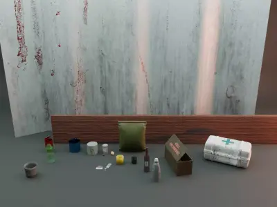 Post-Apocalyptic Survival Props And Rations Low-poly 3D model