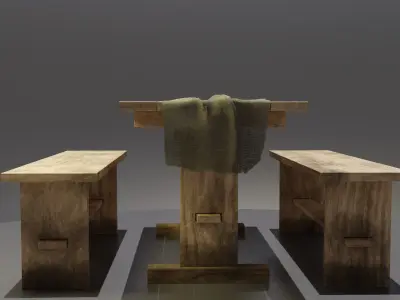 Rustic Wooden Picnic Dining Table Low-poly 3D model