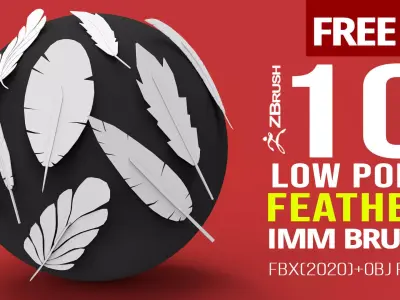 10 Low poly feather IMM brush set for Zbrush Free 3D model