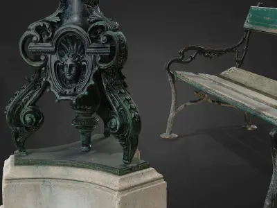 Old Imperial Street Lamp and Park Bench from Austrian Palace Low-poly 3D model