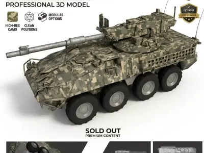 Modular Stryker MGS AFV 3D Model - 105mm Gun Mobile Gun System Low-poly 3D model