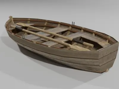 Old Wooden Fishing Boat with Shovels Low-poly 3D model