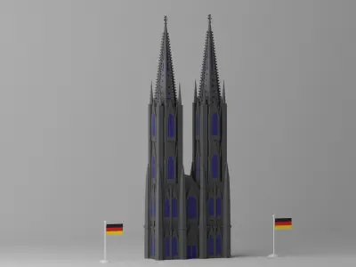 Cartoon Cologne Cathedral Front Facade Low-poly 3D model
