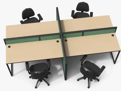 Four Desk Furniture Cluster with Office Chairs 3D model