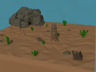 LowPoly Western Mine with Water tower Low-poly 3D model