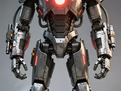 Battle Mech Robot 3D Character Red Glowing Core Weapon Arms Low-poly 3D model