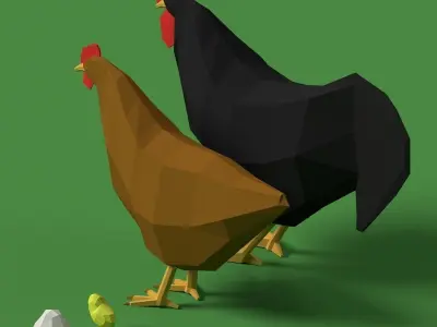 Low Poly Rooster Hen Chicken Egg Set Low-poly 3D model