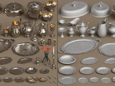 Lowpoly Silver holloware service set (44 items) 3D model