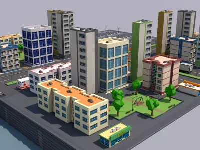 Low Poly City 3D model with buildings and roads Low-poly 3D model
