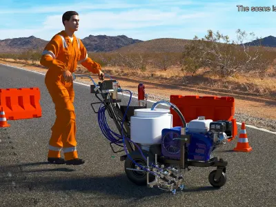 Road Worker with Cold Paint Line Striper 3D model
