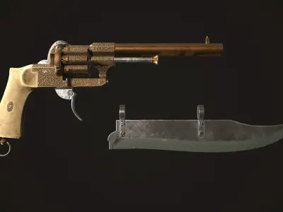Gunblade Revolver Gilded Low-poly 3D model