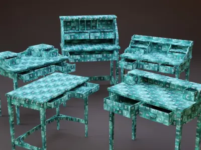 Stylized writing desk set Low-poly 3D model