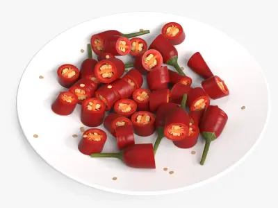 Sliced Chili Peppers with Seeds on Plate Red 3D model