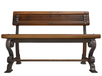Worn Wooden Bench with Iron Legs 3D model