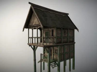 Medieval Lake Village - House 12 with interiors Low-poly 3D model