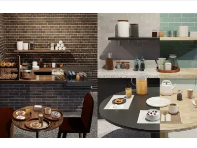 Kitchen and Coffee Pack - dishware food drinks and furniture set Free 3D model