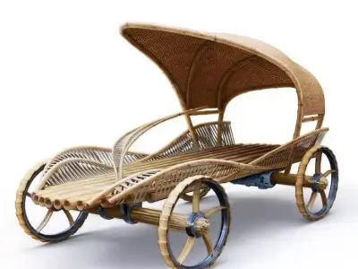Historic Vehicle Wicker Rattan Carriage Canopy Spoked Wheels 3D Low-poly 3D model