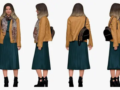 001233 woman in long green dress and yellow jacket 3D model