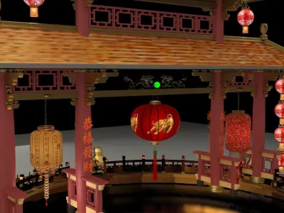 Chinese ancient gate with red lanterns 3D model