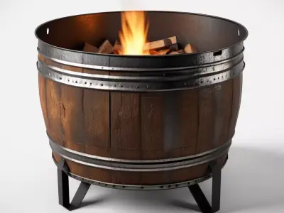 Rustic Wooden Barrel Fire Pit 3D model