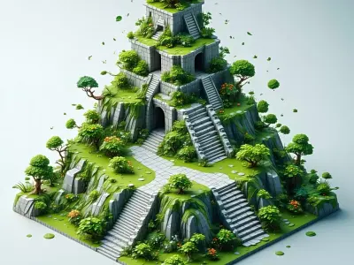 Low Poly Mayan Pyramid Diorama Low-poly 3D model