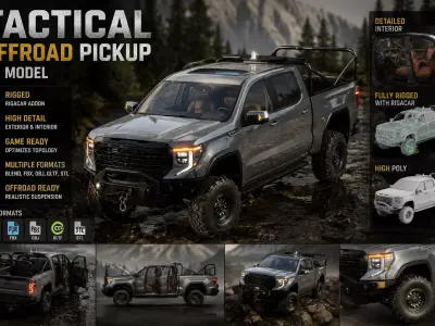 Heavy Duty Offroad Pickup Truck 3D Model for Games Low-poly 3D model
