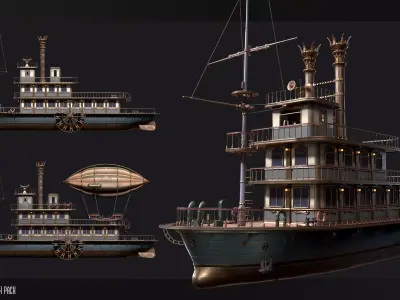 Steampunk Passenger Ship Model Game Ready Kitbash Textured Low-poly 3D model