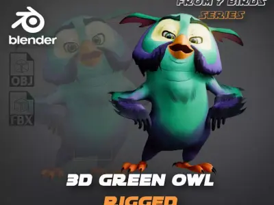 Chibi Owl - 3D green - Rigged Cartoon Bird Low-poly 3D model