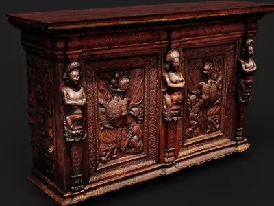 ancient wooden furniture ornaments PBR photogrammetry Low-poly 3D model