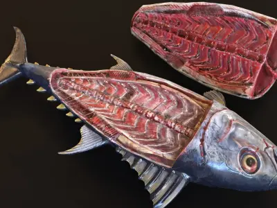 Butchered Bluefin Tuna Fish set and lods Low-poly 3D model