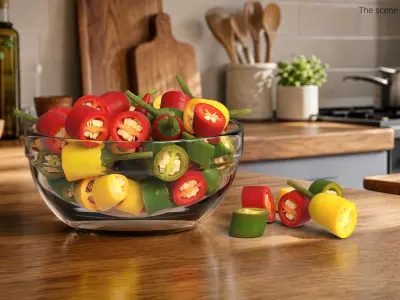 Mixed Chili Peppers in Glass Bowl Multicolor 3D model