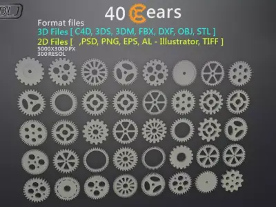 40 Gears 3D-2D Format files Low-poly 3D model