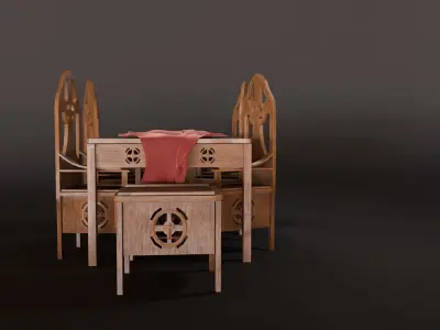 Medieval table and chair set with pbr textures 3D model