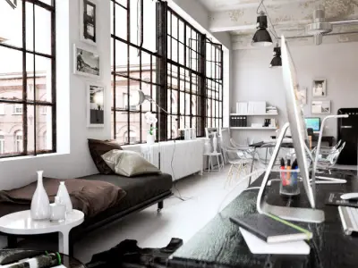 Workplace industrial style office with table and chairs 3D model