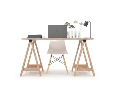 Desk set with laptop and chair 3D model