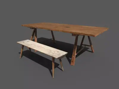 Movable medieval table and bench set Low-poly 3D model