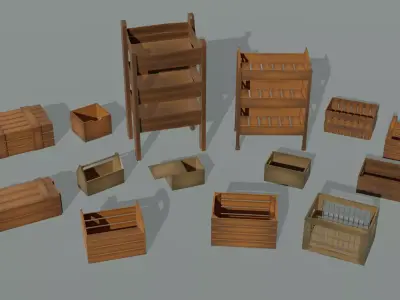  Set of 14 wooden boxes low poly game ready Free low-poly 3D model