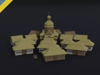 Cartoon medieval Ukraine village Polygonal Style Low-poly 3D model
