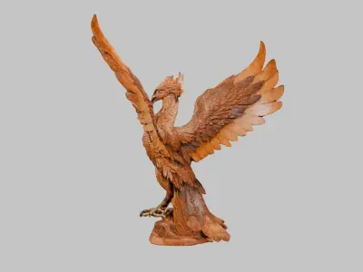 Wooden Phoneix Statue 3D Model of a Winged Creature Low-poly 3D model