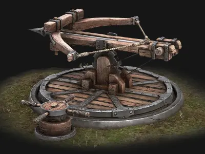 Ballista wooden structure with wheel Low-poly 3D model