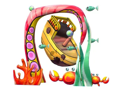 Cartoon 3D illustration Sea Animal Sunken Ship Low-poly 3D model