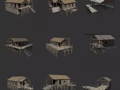 HARBOUR PORT MEDIEVAL HARBOR DOCKS FISHERMAN PIER COLLECTION Low-poly 3D model