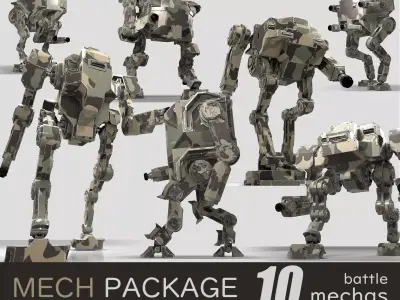 Package of 10 Battle Mechas Low-poly 3D model