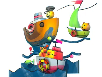 Cartoon 3D illustration Fish Ship Steamship Low-poly 3D model