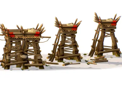 Handpaint Cartoon Wooden Building Bastion model Low-poly 3D model