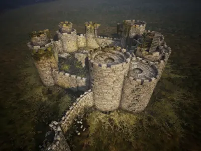 Overgrown Medieval Castle Walls And Towers 45 Assets Low-poly 3D model