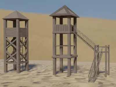 7 wooden towers Low-poly 3D model