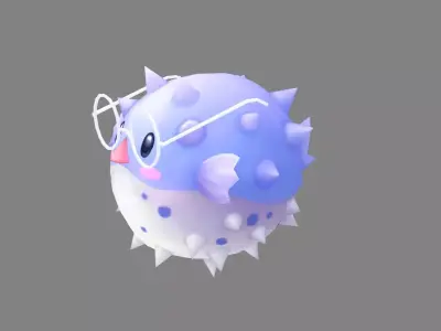 Cartoon purple pufferfish with glasses Low-poly 3D model