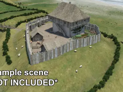 Medieval tower castle and stable Low-poly 3D model