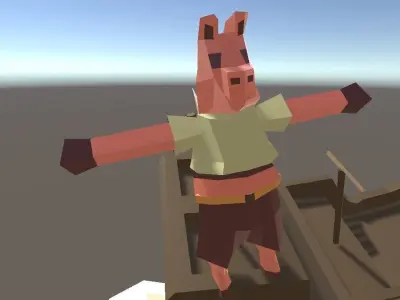 Pirate Pig humanoid pig in low poly flat style retro 3D model